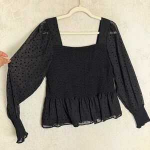 Nine West Black Smocked Peplum Top Swiss Dot Sheer Puff Sleeve Cottagecore Large